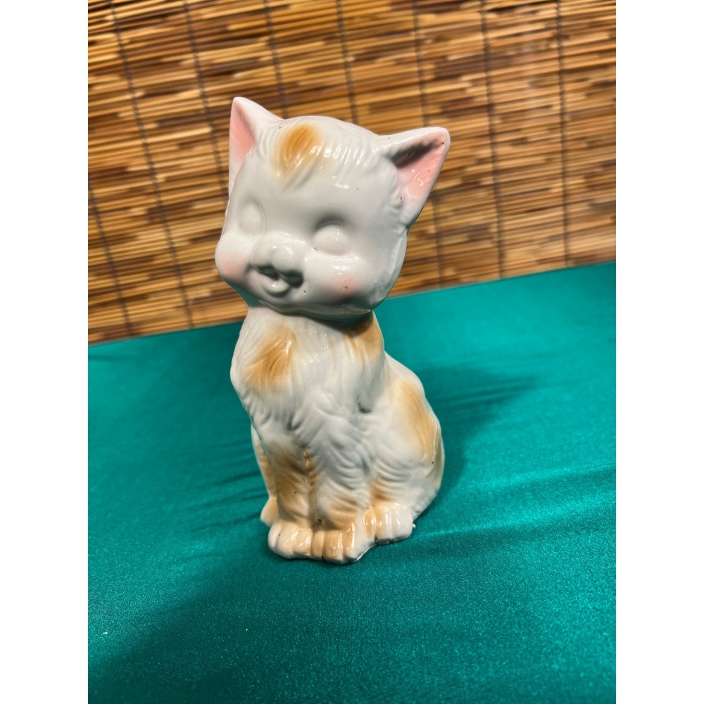 Small Kitty Cat Coin Bank White Orange Ceramic Vintage